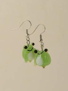 1pair Cute Glass Frog Pendant Earrings - 彩色 - 查看 1