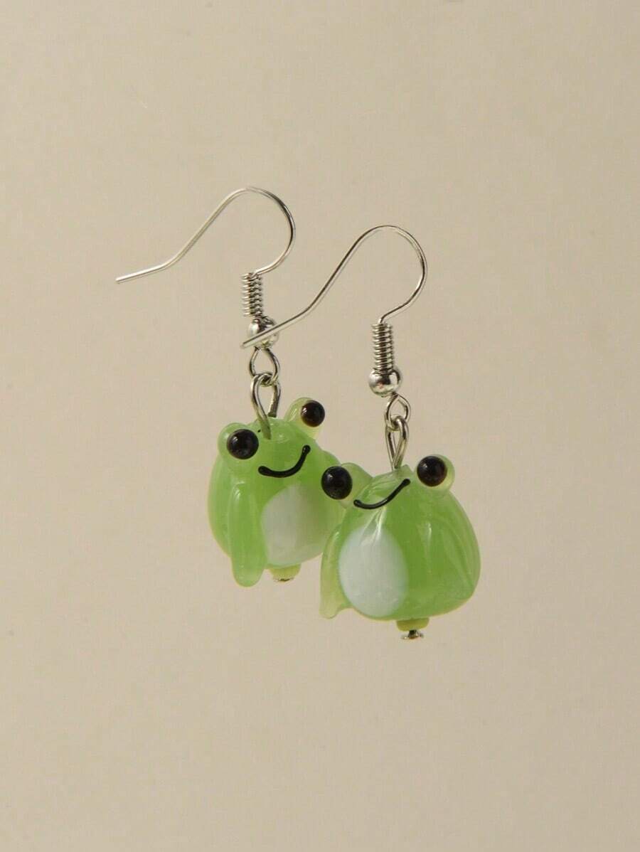 1pair Cute Glass Frog Pendant Earrings - 彩色 - 查看 1