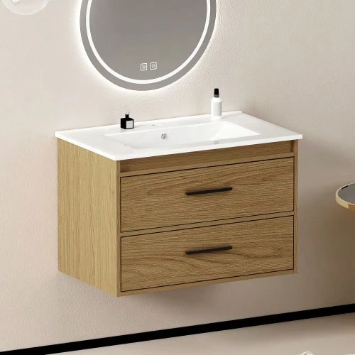75cm Bathroom Cabinet In Light Oak With Ample Storage Space – 2 Drawers - Unta - View 1
