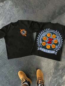 Dragon Balls And "Z" Logo With Turtle Symbol Graphic Men's T-Shirt, 100% Cotton, Heavyweight-Vintage Street Style Unisex Loose Cotton Short Sleeve Crew Neck T-Shirt, T-Shirts For Men, Streetwear, Summer, Men Women T-Shirt Print Tee - 黑色 - 查看 7