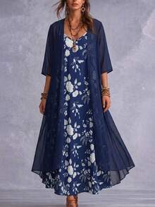 Spring/Summer Plus Size Women's Elegant Floral Print Spaghetti Strap V-Neck Dress With 3/4 Sleeve Sheer Cardigan Two Pieces Set Vacation - Dark Blue - View 1