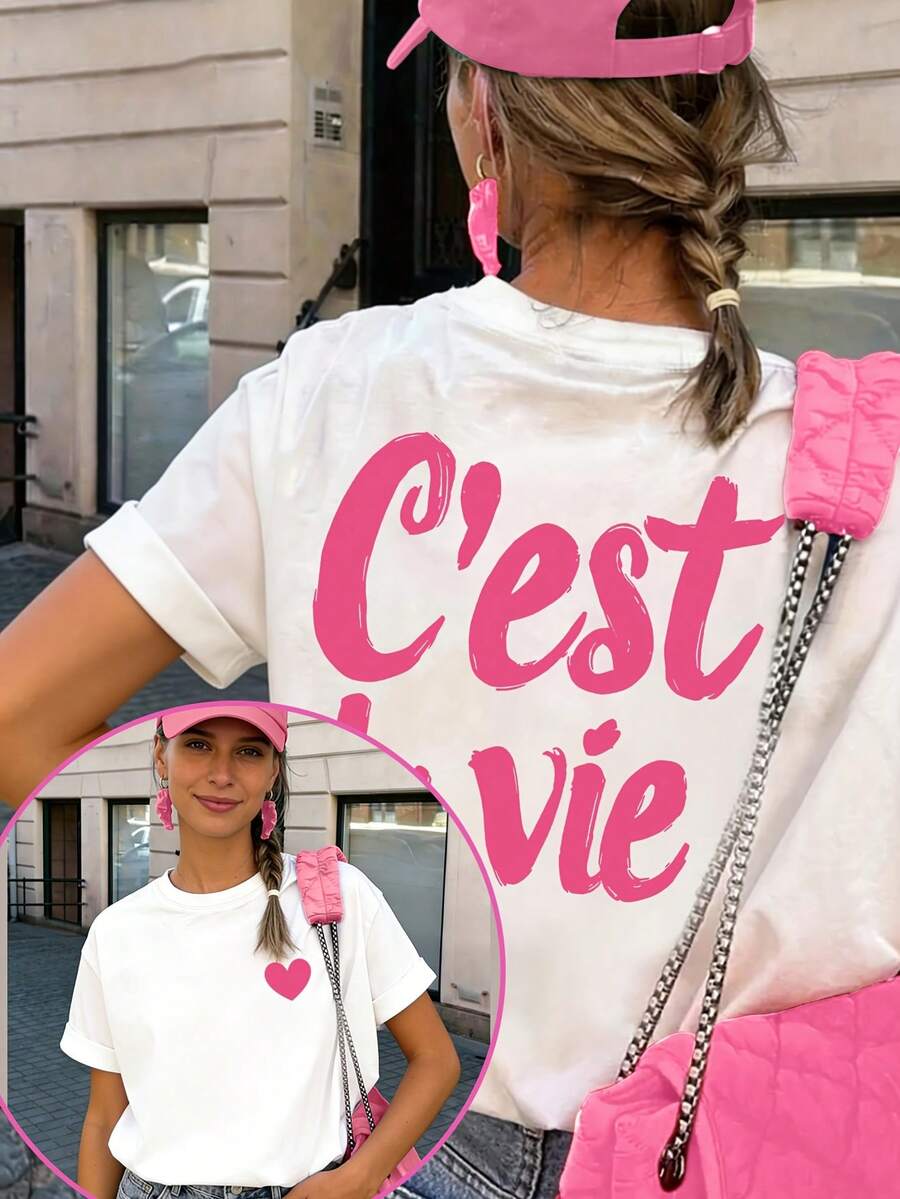 GiftGiftGraphic Tees Women's Short Sleeve T-Shirt, Front And Back Print, European And American Style Letter Print, Round Neck, Summer/Spring Style, Loose Fit, Sexy, Sweet And Cute Women's T-Shirt, Modern And Simple Design, Suitable For Women To Wear On Dates And Meetings, Urban Style Short Sleeve T-Shirt For Women, Lightweight And Breathable Fabric, 100% Cotton. - 白色1 - 查看 1