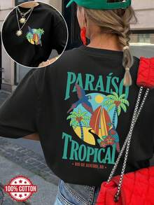 Summer Tops: Loose, Casual Women's Top With A Double-Sided Vintage-Style Print Featuring Parrots And Coconut Palms, Entitled "Tropical Paradise Rio De Janeiro", A Round-Neck Short-Sleeved Oversized Cotton T-Shirt, Summer Outfit. - Black - View 6