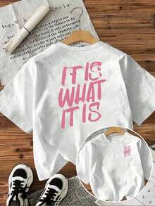 Plus-Size Women's T-Shirt With "It Is What It Is" Lettering, Casual Crew Neck, Short Sleeves, Double-Sided Graphic Design, Summer Clothing, White, Ropa Mujer - White - View 1