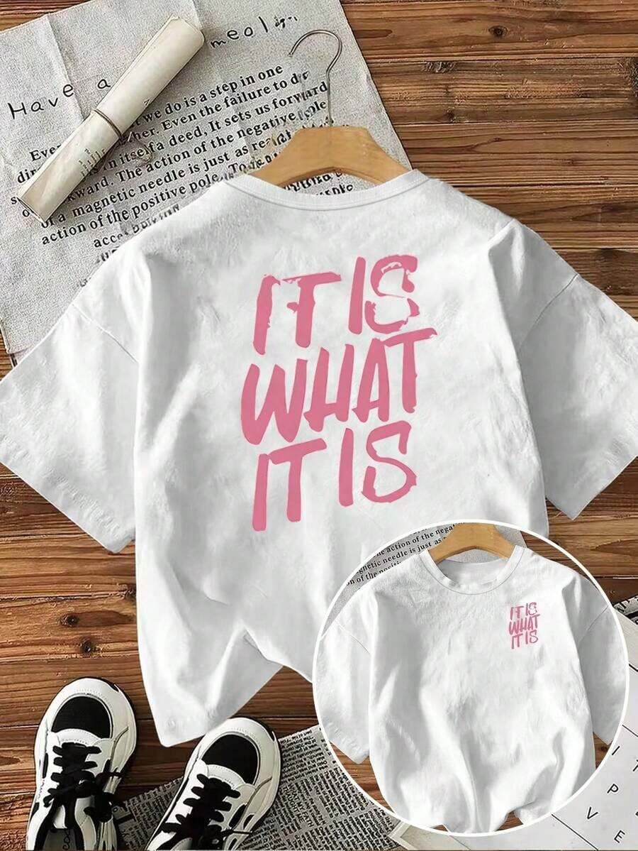 Plus-Size Women's T-Shirt With "It Is What It Is" Lettering, Casual Crew Neck, Short Sleeves, Double-Sided Graphic Design, Summer Clothing, White, Ropa Mujer - White - View 1