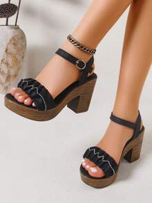 Women's Platform Wedge Sandals, Retro Ruched Edge Rhinestone Decor Faux Wood Grain Bottom, Vacation Style Wedge Sandals, Suitable For Parties, Vacations And Daily Wear - Black - View 3