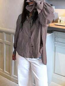 Nueva camisa casual de manga larga con lazo, puños y cuadros, elegante y de estilo para vacaciones, minimalista para ir al trabajo, uso diario, té, todas las estaciones, primavera - Café integral - Ver 3