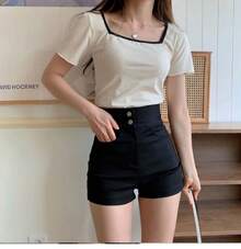 Pantalones cortos de cintura alta con cremallera para mujer, pantalones elásticos de cintura alta para primavera, otoño y ver... - Negro - Ver 2