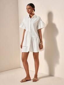 Vestido camisero verde de mujer, estilo casual con volantes, manga corta y cuello de camisa - Multicolor - Ver 5