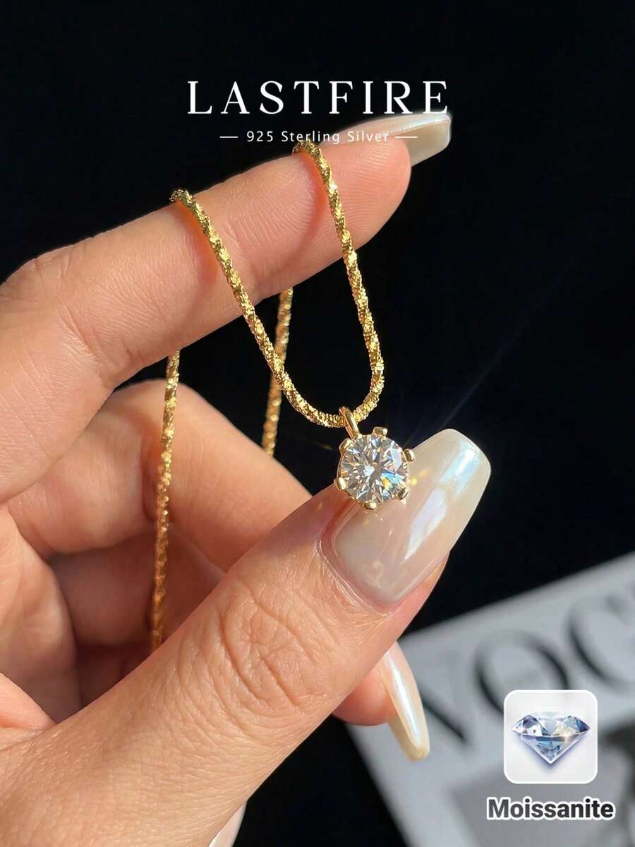 1 chiếc dây chuyền bạc 925 đính đá Moissanite 1.0 carat, 6 chấu, sang trọng, phù hợp làm quà tặng đính hôn, cưới, quà tặng bạn thân, sinh nhật, kỷ niệm và trang sức cô dâu. - Vàng - Xem 1