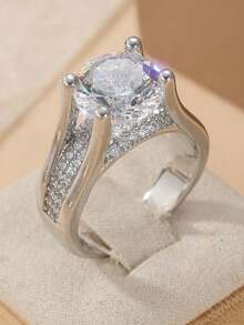 Anillo de mujer elegante y lujoso con circonita cúbica brillante, joyería de boda y compromiso, accesorio perfecto para uso diario y festivo, regalo exquisito para ella - Plateado - Ver 10