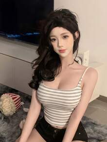 新款欧美复古条纹一体式加厚吊带短款修身背心女款 - 白底黑條 - 查看 1