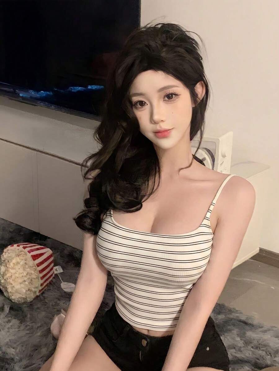 新款欧美复古条纹一体式加厚吊带短款修身背心女款 - 白底黑條 - 查看 1