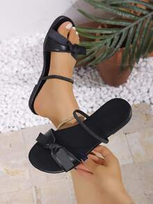 planare Sandal nữ thời trang mùa hè, kiểu dáng casual/đi nghỉ mát, mũi tròn, đế bằng, có nơ trang trí, màu đen và trắng. - màu đen - Xem 6