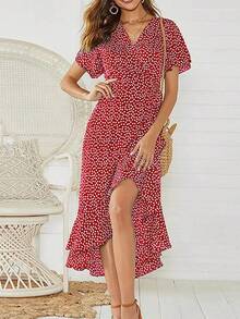 Vestido playero largo sexi con flores para mujer, vestido bohemio de gasa largo con volantes estampado, vestido entallado informal con cuello de pico y abertura de verano - Amarillo - Ver 3