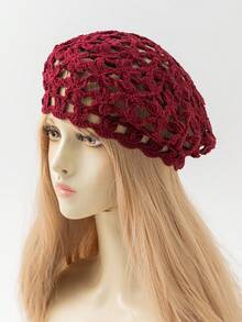 1 chiếc mũ beret nữ thời trang mùa xuân/thu, kiểu dáng rỗng, nhẹ, đan móc thủ công hình hoa cúc, phù hợp với phong cách boho hàng ngày. - A - Xem 3