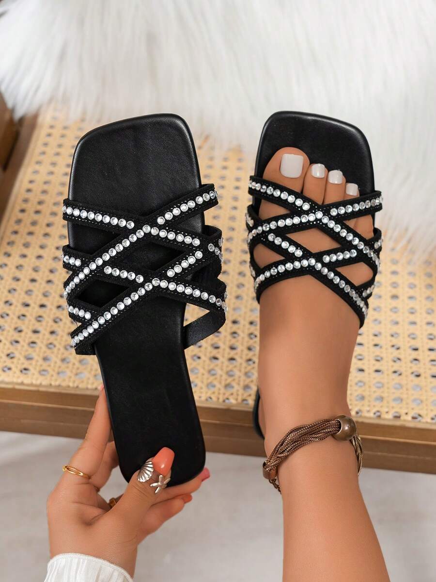 Women's Flat Sandals With Rhinestones, Black Rhinestone Sandals, Leopard Print Rhinestone Sandals, Rhinestone Beach Slippers For Party, Birthday, Gathering, Gift, New Arrival Spring/Summer Sexy Rhinestone Sandals For Wedding, Mother's Day Gift, Easter Gift, Fashionable PU Leather Rhinestone Beach, Wedding, Party, Office, Home, Gym Wear Spring/Summer - Black - View 1