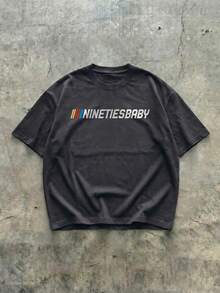 FRACTYR Men's Summer Casual Streetwear | "90s BABY" Racing Graphic Black T-Shirt | Must-Have Retro Streetstyle Piece | Round Neck Short Sleeve Top - Dark Grey - View 5