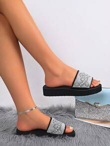 Summer Rhinestone & Pearl Thick-Sole Slide Sandals, Black Non-Slip Outdoor Slippers, Casual Vacation Soft Platform Slippers, Comfortable Versatile For Indoor & Outdoor Wear - Black S15 - View 4