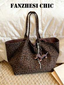 Bolso Tote de Gran Capacidad con Diseño Marrón, Gancho Externo para Taza de Café, Cubierta Superior con Estampado de Leopardo, Doble Correa para el Hombro y Llavero - Marrón - Ver 2