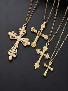 4pcs/Set Vintage Luxurious Multi-Color Rhinestone & Faux Pearl Cross Necklace Set, Men's Casual Outfit Accessory, Holiday Gift - Yellow Gold - View 2