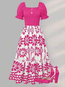 Women's Bright Floral Print Waist Splice Vacation Dress, Summer Elegant - Multicolor 4 - Ver 10
