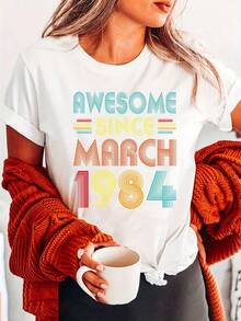 Women's 40th Birthday Printed Crew Neck T-Shirt, Modern, Short Sleeve, Casual, Summer And Spring. - 白色 - 查看 7