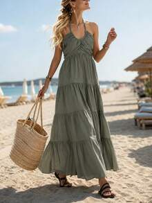 Vestido largo verde casual de mujer con cuello halter, vestido fluido sin mangas con volantes para uso diario y salidas elegantes de verano - Verde - Ver 3