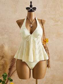 2026 Bellisia Vestido elegante de mujer con estampado de lunares, tela texturizada, camisola relajada para vacaciones, bikini amarillo tipo tankini para playa.Conjunto de playa de mujer para verano 2026, temporada de graduación, boda, regreso a clases, Pascua.Camisola de verano casual y linda, con textura de punto, detalles de volantes, en estilo dulce, romántico y campestre. - Verde - Ver 4
