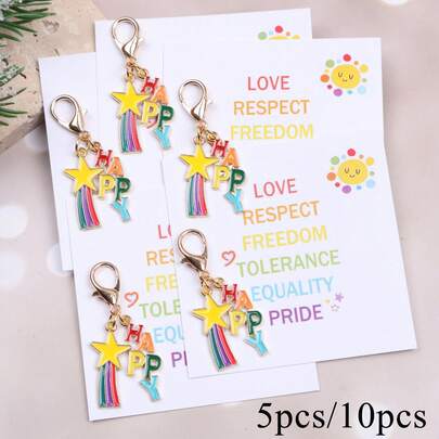 5pcs/10pcs Fashion Happy & Rainbow Star Design Pride Month Party Keychains Gift Set, With Encouragement Pocket Hug Card, Suitable For Phone, Backpack, Coin Purse Accessories, Unisex. Ideal For Pride Month Gift, Birthday Gift, Commemorative Gift, Gift, Friendship Gift. Gift For Your Friends, Partners And Siblings.