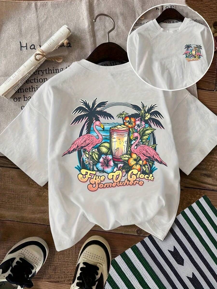 Sommartoppar: Dam-T-shirt med 100 % grafiskt tryck – Livfullt tropiskt tryck med flamingos och palmer, avslappnad rundhalsad kortärmad T-shirt för sommar-, strand- eller fritidskläder, bomulls-T-shirt, sommaroutfit. - Vitt - Visa 1