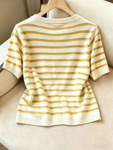 Women's Lightweight Breathable Yellow Striped Short Sleeve Cardigan, Regular Fit, Versatile For Summer Daily Wear - Yellow - View 2