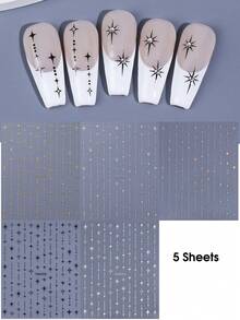 5张3D星形美甲贴纸，多色流星爆裂线条图案，金属光泽闪亮星空自粘美甲贴纸，DIY美甲装饰，女士美甲用品 - 彩色 - 查看 5