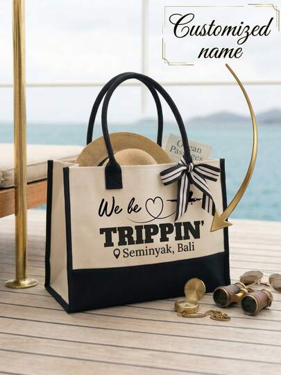 Túi tote vải canvas du lịch nữ "We Are Traveling", túi xách đi biển hài hước, quà tặng phù dâu, bộ đồ đôi chị em
