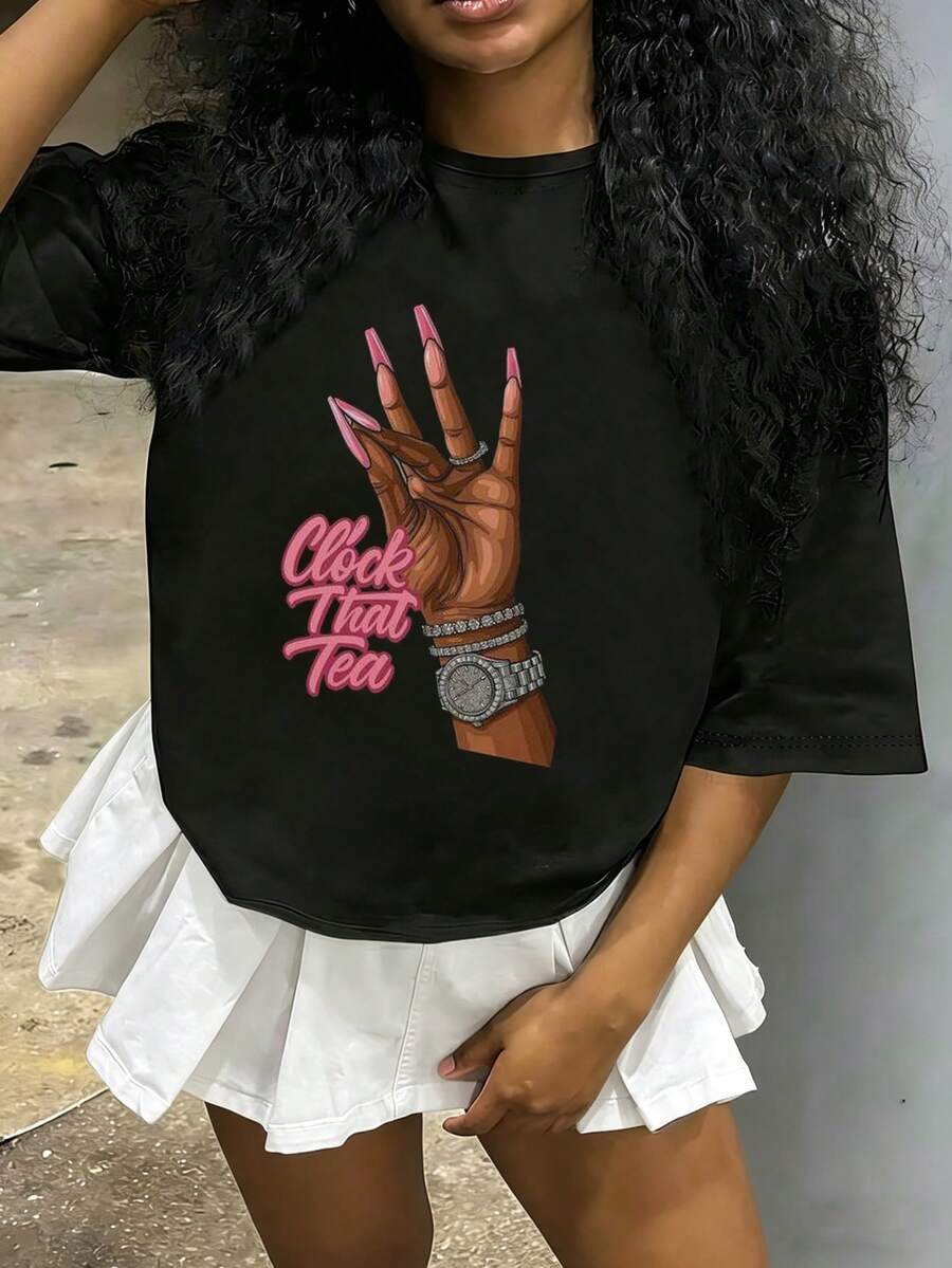 Tween Girl Cotten Clothes,Y2K-Inspired Letter Print T-Shir-Perfect For Spring/Summer/Fall,Fashion, Streetwear, Unisex, Men, Women - Black - View 1