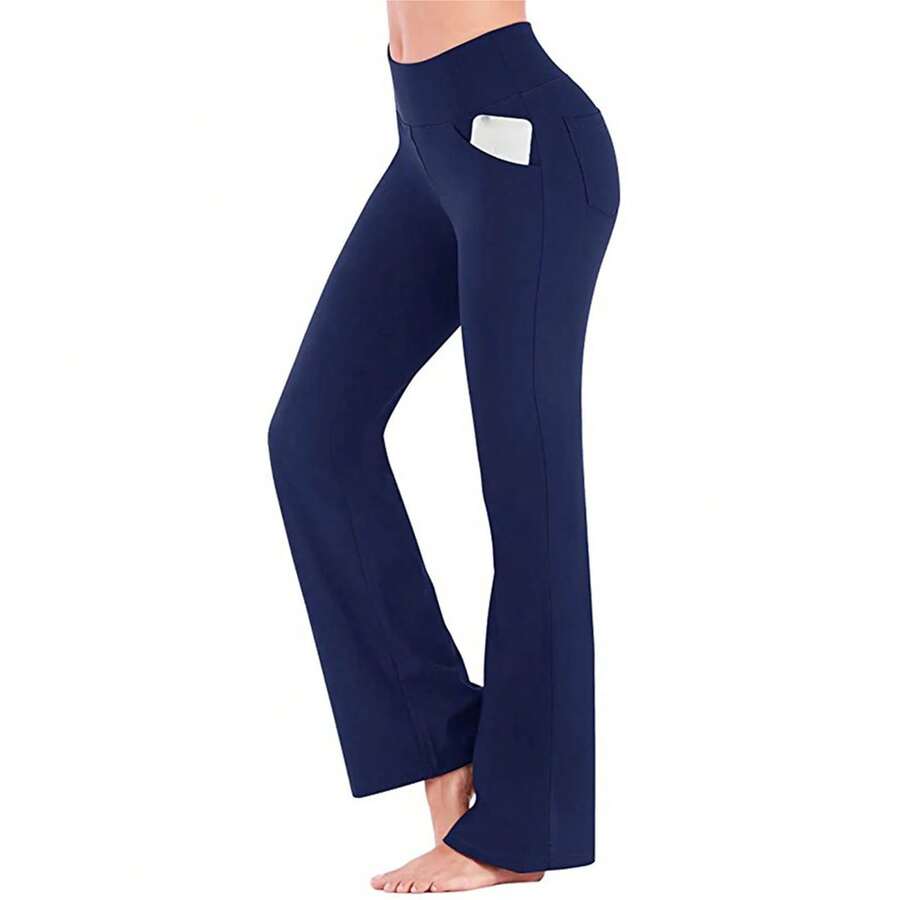 Leggings acampanados, pantalones básicos de Yoga con bolsillos, pantalones cómodos transpirables de cintura alta para mujer, pantalones ajustados acampanados deportivos para gimnasio - Marina de - Ver 1