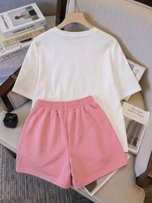 Conjunto Set de 2 Piezas Camiseta con estampado de Moños Lazos rosa rojo y Shorts de Cintura Elástica French Terry ultra comodo idela estilo casual diario casa dulce - Rosa - Ver 2