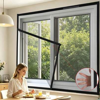 1 tấm lưới chống muỗi màu đen, lưới tự lắp đặt không cần khoan, lưới chống côn trùng tự dính cho cửa sổ nhà.