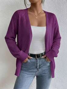 Plus Size Women's White Open Knit Cardigan, V Neck Long Sleeve Hollow Out Crochet Sweater, Casual Loose Open Front Outerwear For Spring Fall - Purple - View 5