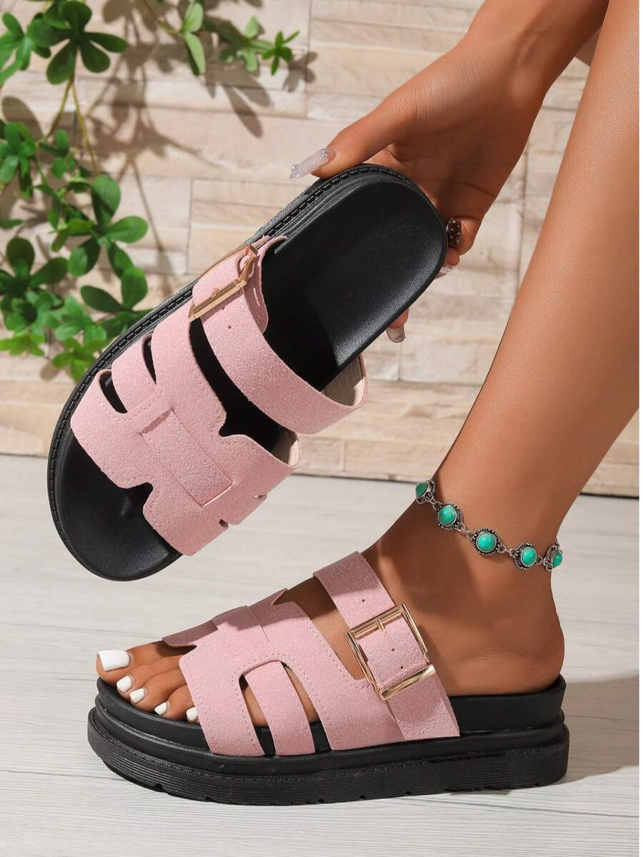 Giày sandal đế dày, khóa kim loại khoét rỗng, kiểu dáng thường ngày, thích hợp cho hoạt động ngoài trời, dành cho nữ, sandal đế cao chống trượt tối giản.