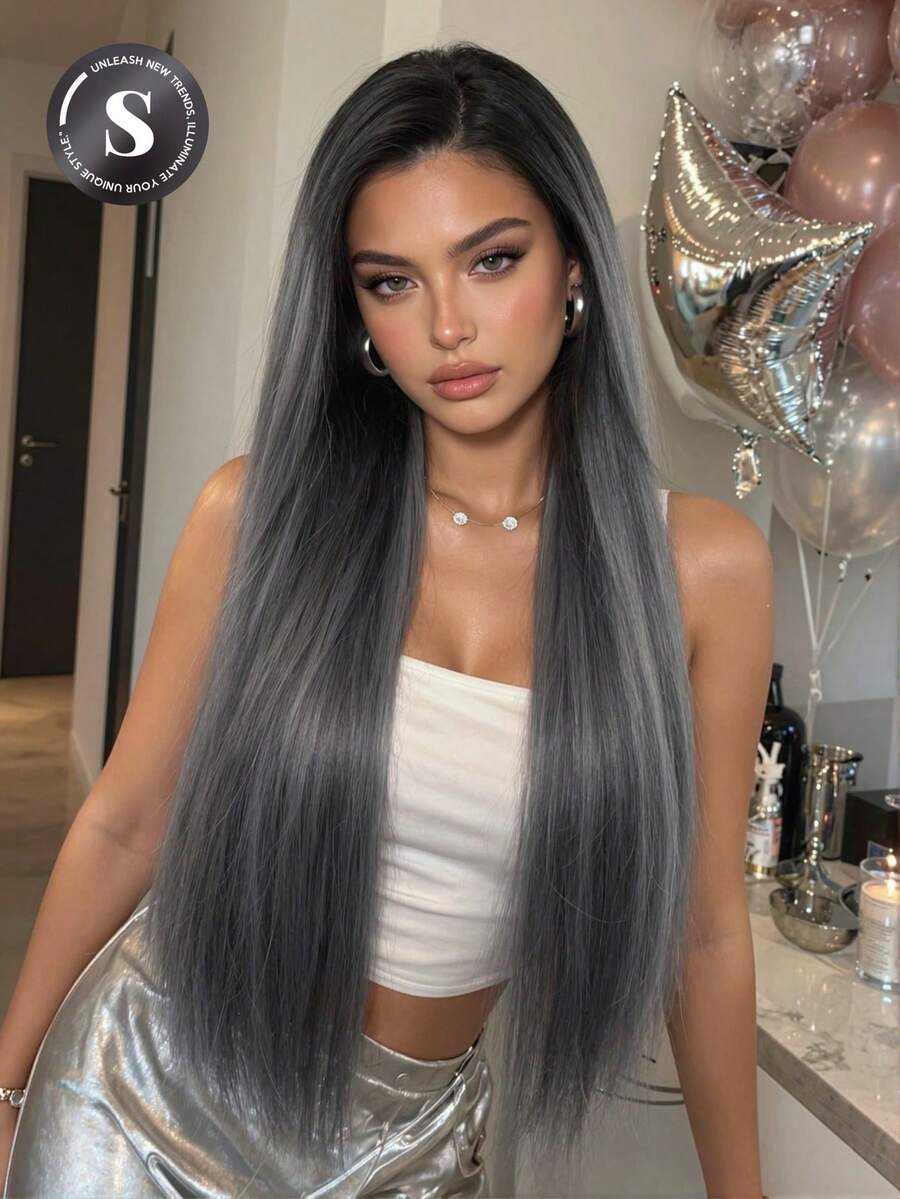 30 Inch Ombre Grey 13x4 Lace Front Wig For Women Long Straight Synthetic Hair Wig Dark Roots Pre Plucked Natural Hairline Heat Resistant Glueless Hair Wig For Daily Party Cosplay Natural Looking Lightweight Breathable Soft Smooth Hair Easy Wear - 灰色 - 查看 1