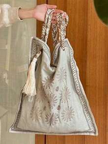 1pc New Arrival Niche Design Linen Bohemian Style Shoulder Crossbody Bag, Women's Large Capacity Handbag, Lightweight, Suitable For Boho Outfits - Hình vuông màu be - Xem 12