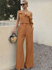 A&DD FASHION, Reference Number: Y493 - Set, Women's Two-Piece Suits, High-Waisted Wide-Leg Pants, Trousers, Camisole, Crop Top, Ruffled Hem Design, Comfortable To Wear, Sophisticated Look, High Quality, Stylish Look, Versatile, Elegant Style, Two-Piece Suits, Casual Chic Look, Comfortable And Stylish, Pants With Pockets, Elegant Suits, Perfect For Spring And Summer, Blogger Style, Casual And Formal, Suitable For All Occasions, Elegant And Fashionable, Feminine Look, Summer 2025 Collection. - 棕色 - 查看 1