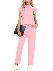 Set de 2 piezas que incluye top de cuello mao y pantalones, conjunto de ropa de trabajo de unicolor rosa primavera - Rosa - Ver 2