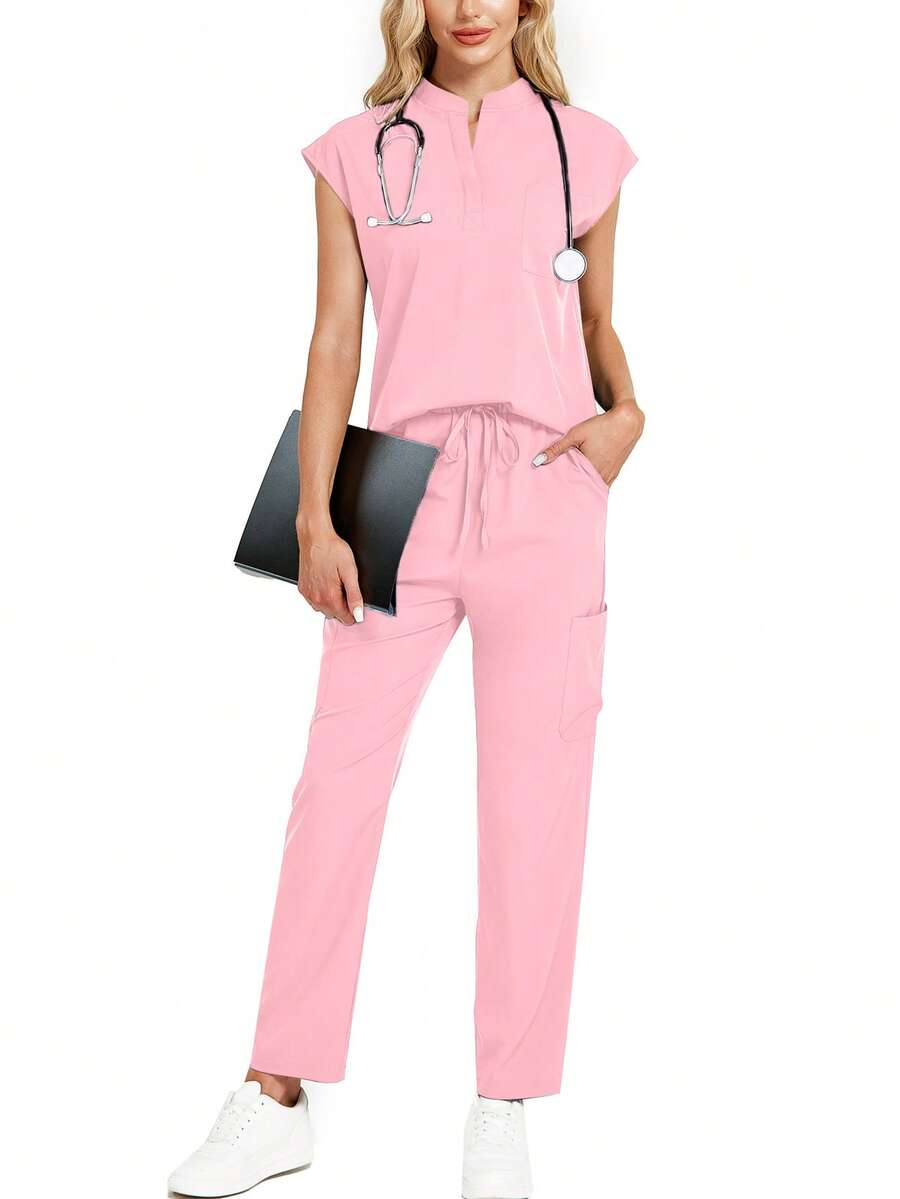 Set de 2 piezas que incluye top de cuello mao y pantalones, conjunto de ropa de trabajo de unicolor rosa primavera