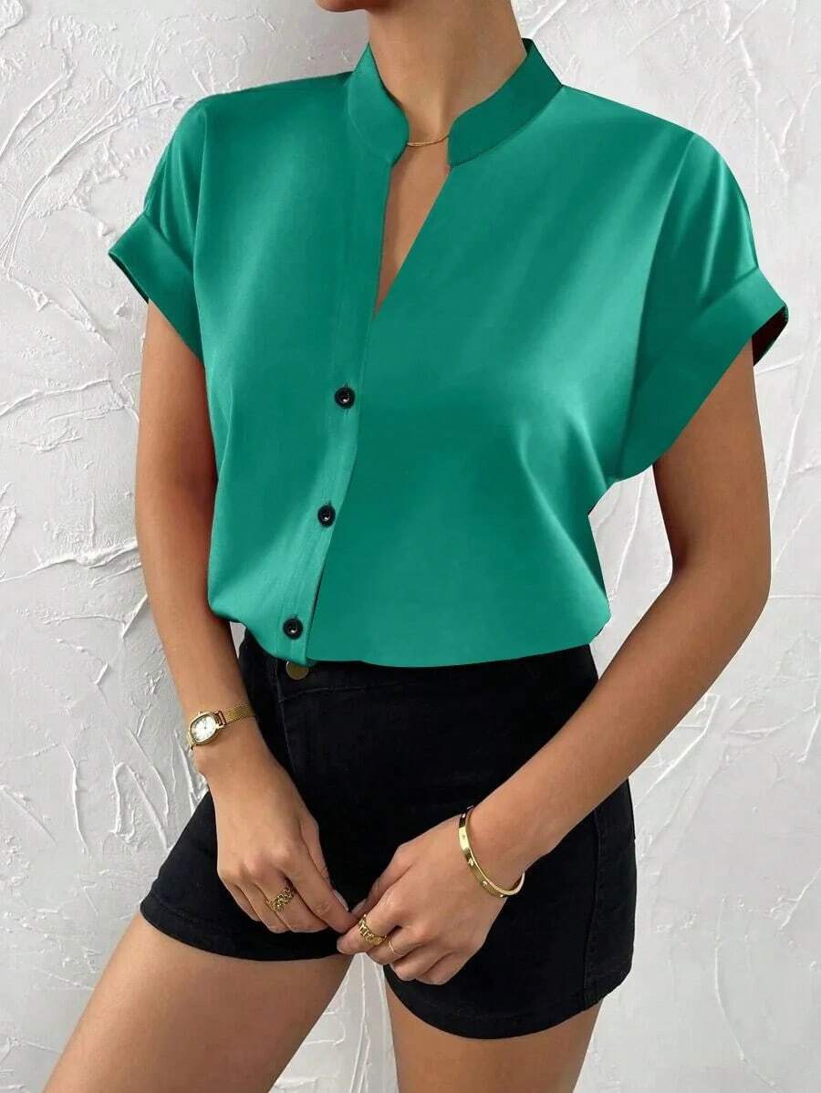 Novedad de verano, jersey con cuello en V, manga corta, camisa informal de Color sólido para mujer, ropa de mujer, blusa de oficina con botones 2024 para mujer, Tops - verde - Ver 1