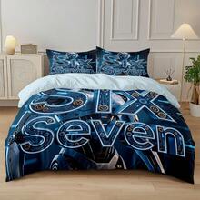 Six Seven Blue 3件組床上用品套裝，6&7印花：1件被套 + 2件枕套（不含填充物），高清晰度染色，100%聚酯纖維，柔軟，拉鍊封口，可水洗，適用於居家、旅行、宿舍 - 60124+SJT+C - 查看 6