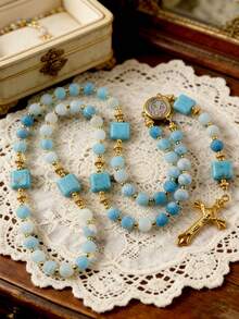 GO2CJBEADS 1pc Natural Cracked Stone Bead Necklace With Cross Pendant, Beaded Necklace Religious Prayer Accessory, Classic Vintage Religious Gift - Z0700P - View 12