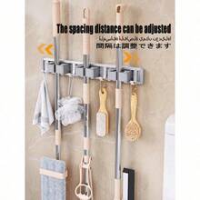 1pc 4 Clips And 5 Hooks Aluminum Wall Mounted Bathroom Mop Clip Rack, Broom Hanging Rack, Storage Rack, No-Drill Mop Holder, Suitable For Bathrooms And Balconies - Grey - View 3