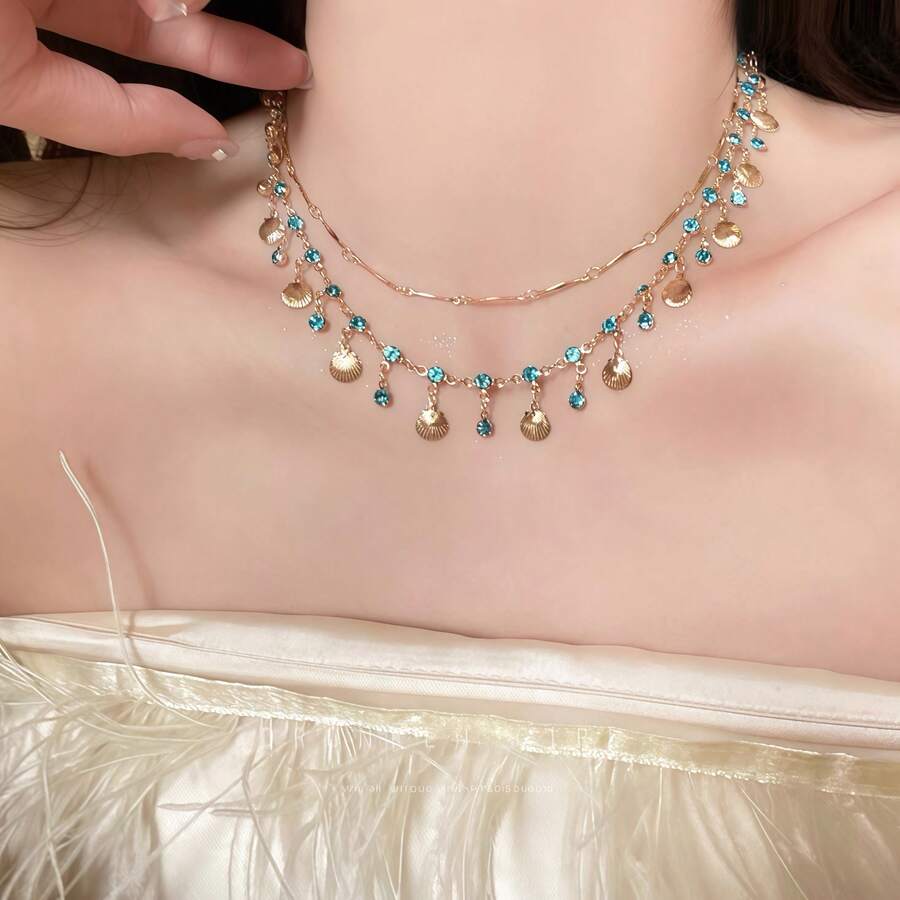 1pc/Set Gold Shell & Blue Cubic Zirconia Double-Layer Necklace | Sweet Beach Style Jewelry | Essential Accessory For Women's Daily & Vacation - Multicolor - View 1